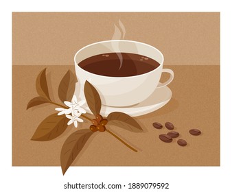 Vector monochrome illustration with a cup of coffee and a branch of a coffee tree on a textured background.    
