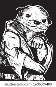 vector monochrome illustration of a cute otter in kimono ready to attack. uncolored illustration