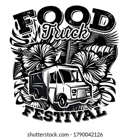 Vector monochrome illustration with design elements for advertising street food festival.