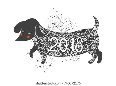 Vector monochrome illustration. Dog dachshund 2018. Christmas card and elements. Happy new year