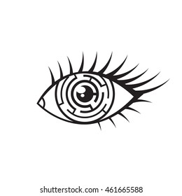 Vector monochrome illustration of eye with maze in iris. Black eye labyrinth icon