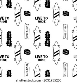 Vector Monochrome Illustration of Flying Black Skateboard with Phrase. Skateboarding Seamless Pattern with Cartoon Skateboard and Word. Line Art Style Skate Background for T-shirt and Paper Print