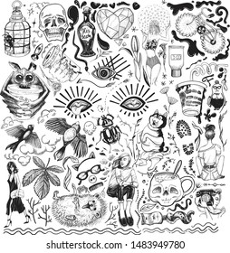 vector monochrome illustration, funny youth doodles, stickers