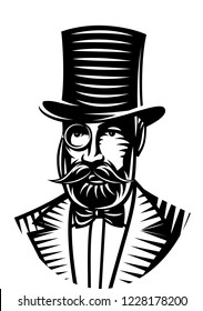 Vector monochrome illustration of a gentleman and top hat for the club.