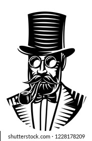 Vector monochrome illustration of a gentleman and top hat for the club.