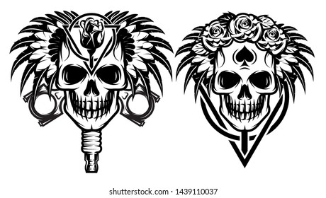 Vector monochrome illustration with groom and bride, skull, roses.