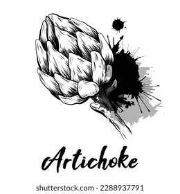 Vector monochrome illustration of hand drawn artichokes with ink splashes. Sketch of head of cabbage healthy vegetables with hatching. Natural healthy food engraving clipart with lettering