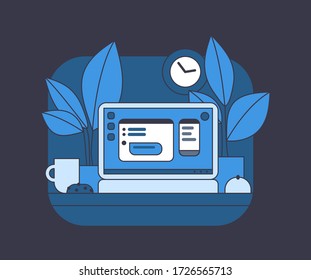 Vector monochrome illustration of home workplace