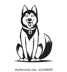 Vector monochrome illustration of husky dog. Isolated on white background.