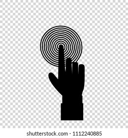 Vector monochrome illustration of index finger of businessman pointing to the target, business concept,
hand with index finger touching or pushing target aim  or pressing a button. Palm silhouette. 