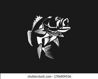 Vector monochrome illustration of a Large mouth Bass fish and open mouth