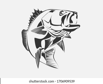 Vector monochrome illustration of a Large mouth Bass fish and open mouth