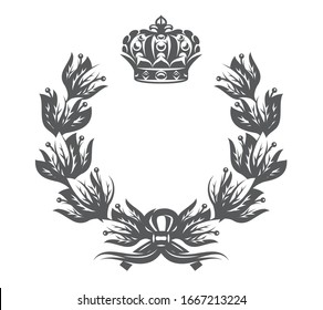 Vector monochrome illustration with laurel wreath and imperial crown.