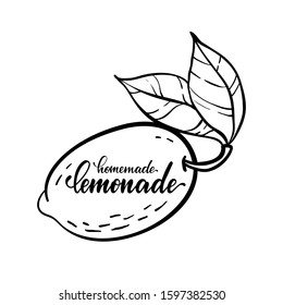 Vector monochrome illustration of lemon logo with lettering inscriptions Homemade Lemonade. design for holiday greeting card and invitation of seasonal summer holidays, logo