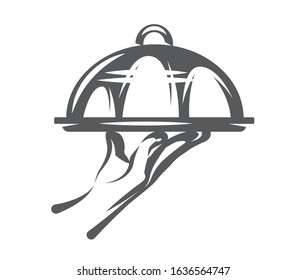 Vector monochrome illustration for menu design with hand and tray.