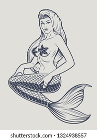 Vector monochrome illustration of a mermaid on the white background. The file contains separate groups with an outline and a picture background. 