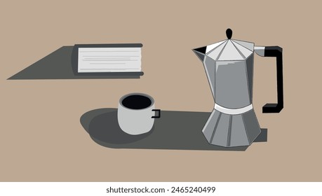 Vector monochrome illustration with mocha pot, coffee cup and laid book. Hot drink, reading, work space, rest