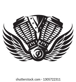 Vector monochrome illustration of motorcycle engine for design