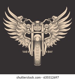 Vector monochrome illustration of motorcycle with wings. Design element for the advertising poster, sketch for the tattoo, print for the t-shirts