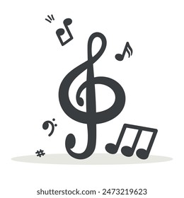 Ilustración monocroma de Vector con notas musicales y clave de agudos