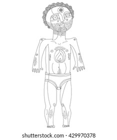 Vector monochrome illustration of nude man, Adam concept. Hand drawn image of person isolated on white symbolizing love and goodness. 