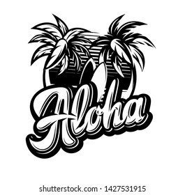 Vector monochrome illustration on aloha with a palm.