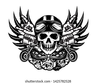 Vector monochrome illustration on the combined theme of rock music and motorcycle.