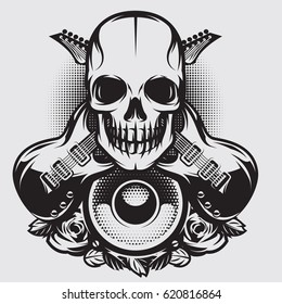 Vector monochrome illustration on a theme of rock music with skull, speaker and guitars