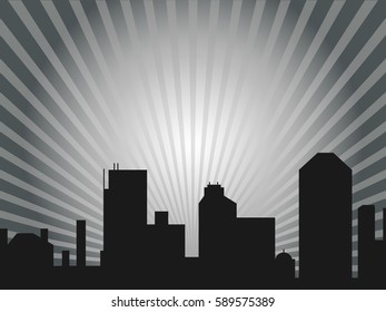 Vector monochrome illustration. The outlines of the city in the light rays