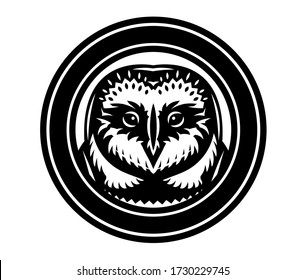 Vector monochrome illustration with an owl head.