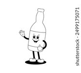 Vector monochrome illustration of retro mascot character walking glass bottle of beer or soda. Vintage style 30s, 40s, 50s old animation. Sticker isolated on white background.