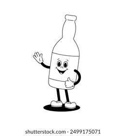 Ilustración monocromática de Vector de personaje de mascota retro caminando botella de vidrio de cerveza o refresco. Antiguas estilo 30s, 40s, 50s vieja animación. Pegatina aislada sobre fondo blanco.