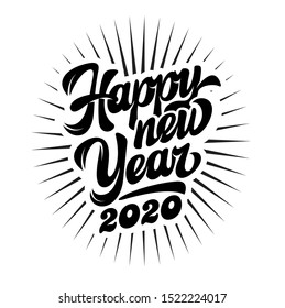 Vector monochrome illustration in retro style on theme of New Year celebration with lettering composition and rays.