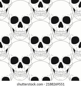 Vector monochrome illustration, seamless pattern with skulls. Sugar skull. The day of the Dead. Female skull.