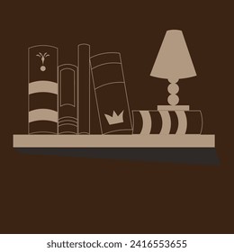 Vector monochrome illustration. A set of books on a shelf. Illustration in brown color. Table lamp on the book. Book, book spine. Reading, reader, novel, fantasy, fairy tale. Minimalist illustration