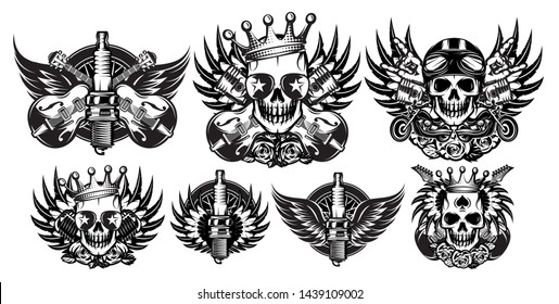 Vector monochrome illustration set on the combined theme of rock music and motorcycle.