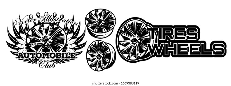 Vector monochrome illustration of set of wheel car drive.