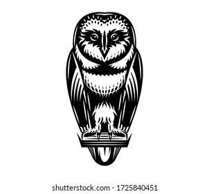 Ilustración monocroma vectorial con un búho sentado. Patrón sobre fondo blanco.