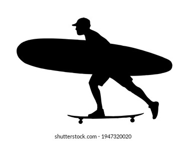 Ilustración monocroma vectorial de la silueta de patinador con tabla de surf.