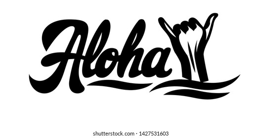 Vector monochrome illustration with stylish inscription Aloha and hand.