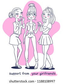 Vector monochrome illustration of three beautiful fashion girl friend on white background with pink star. Hand drawn flat line art style design of model girl for web, site, card, poster