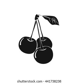 Vector monochrome illustration of three ripe cherries with leaf