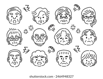 Vector monochrome illustration of various elderly people with angry icons