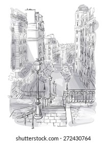 Vector monochrome illustration of a view of  descent down the street Montmartre in Paris, France