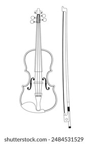 Ilustración monocromática de Vector de violín y arco, aislado sobre un fondo blanco. Instrumento musical de cuerda Clásica. Diseño plano. Ilustración en blanco y negro.