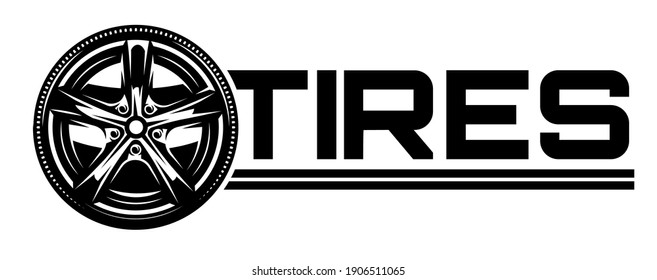 Vector monochrome illustration with wheel car drive. Template for logo design, corporate style, business card, poster, website.
