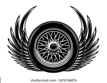 Vector monochrome illustration with wings and wheel.