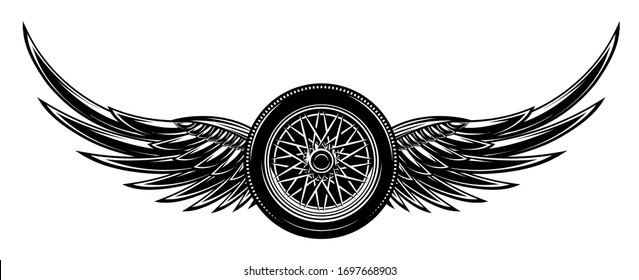 Vector monochrome illustration with wings and wheel.