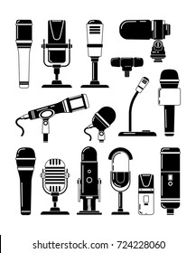 Vector monochrome illustrations of microphones and other professional tools for reporters. Microphone for studio or karaoke, mic and broadcasting