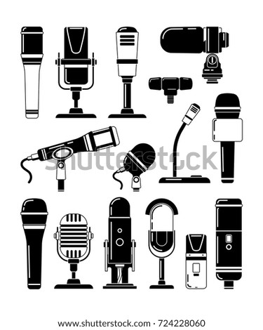Vector monochrome illustrations of microphones and other professional tools for reporters. Microphone for studio or karaoke, mic and broadcasting